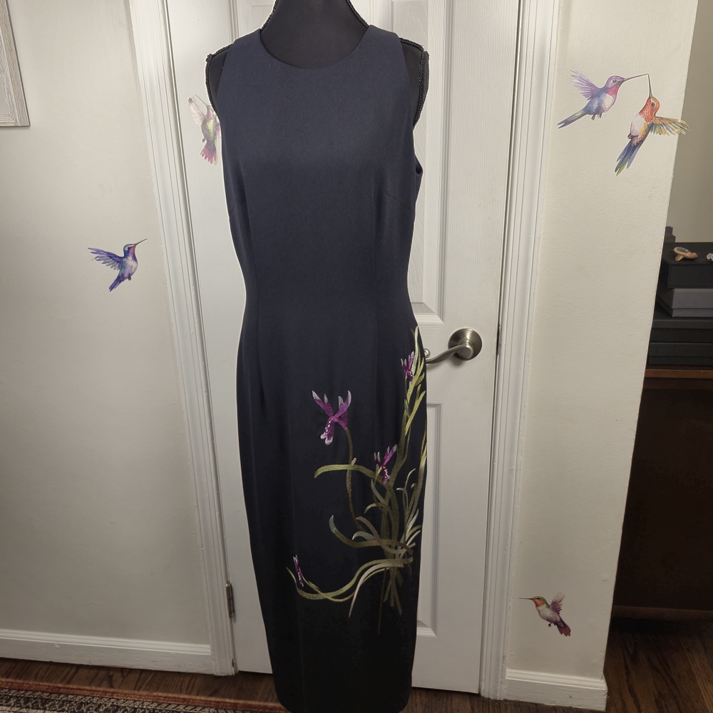 Donna Morgan Vintage Navy Blue Floral Embroidered Column Maxi Dress Size 6 - Picture 3 of 9